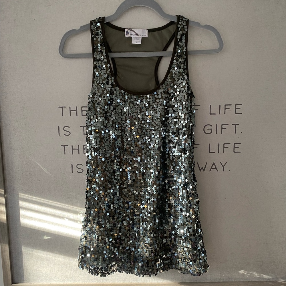 Olive green sequined T back tank top/mini dress. Small